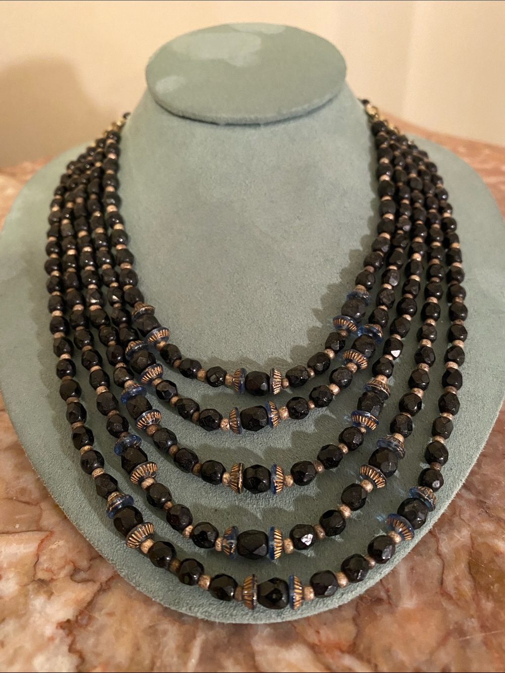 Vintage Western Germany5 Strand Black Faceted Bead Statement Necklace Blue/Gold